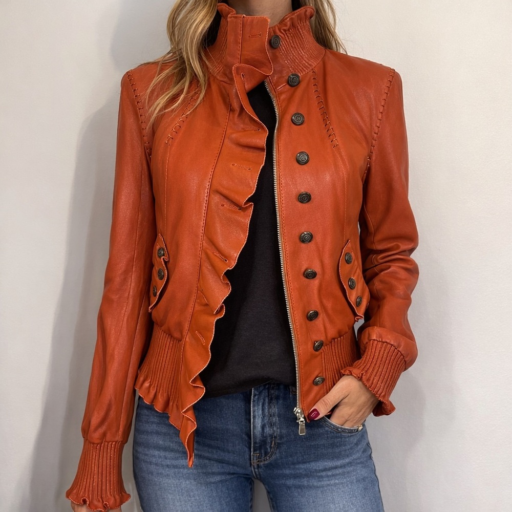 Vintage Cognac Leather Ruffle Peplum Jacket |Statement Jacket - Picture 3 of 15